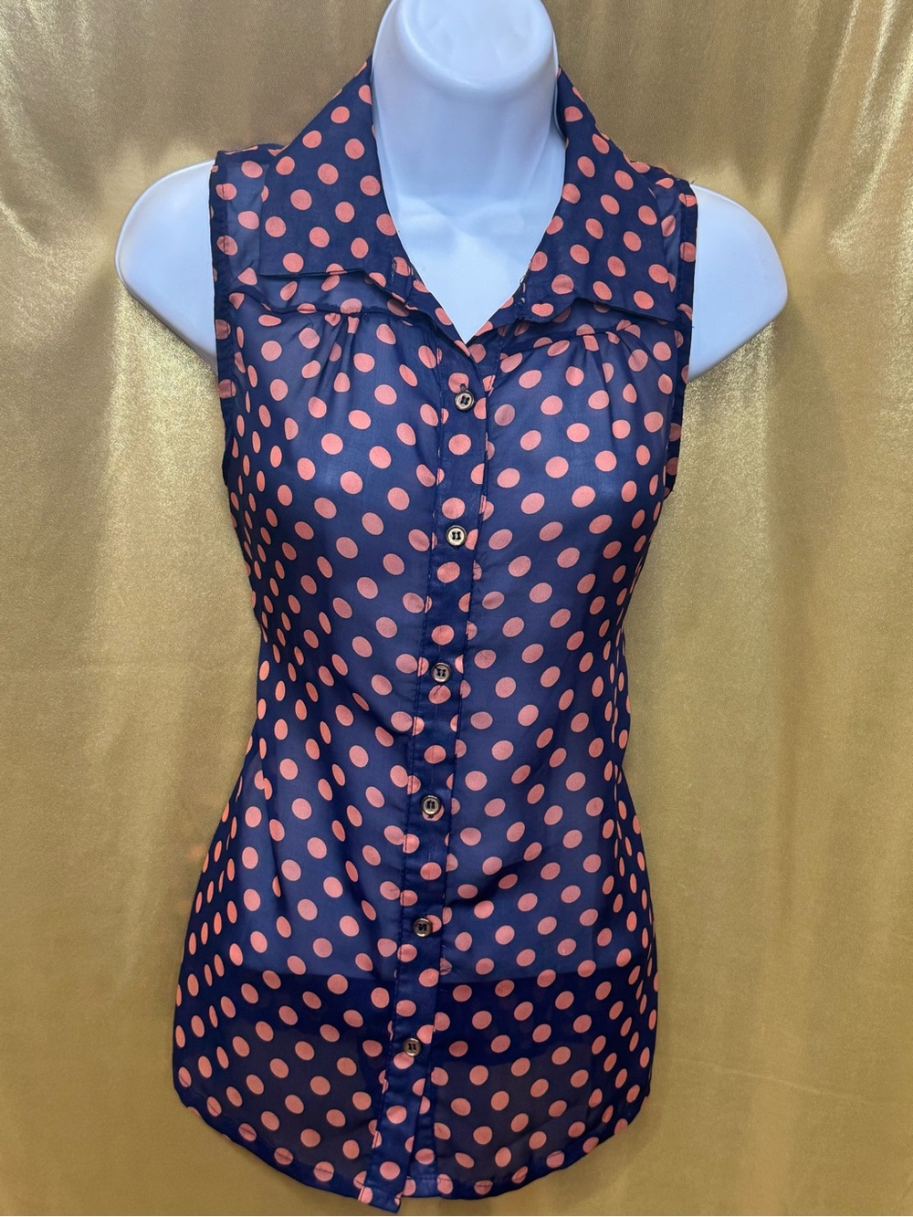 YES! Pink Polka Dot Sleeveless Button-Down Blouse Navy Large